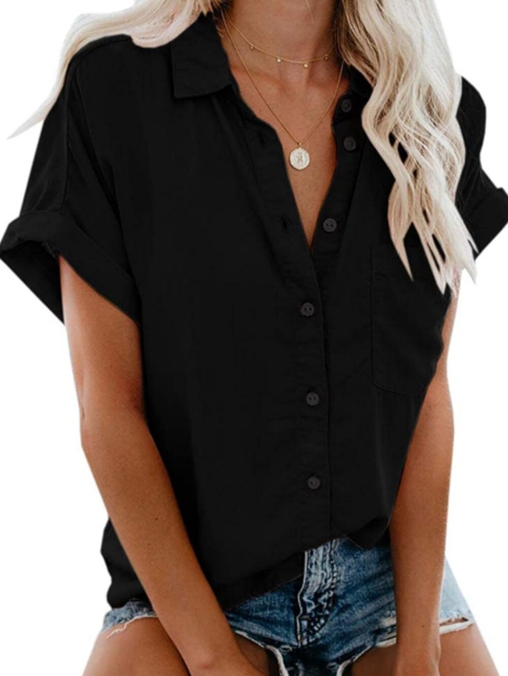 Apraw, Women's Lightweight Cotton Button Up Top, Black, Size L